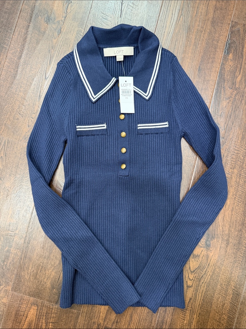 LOFT Navy Ribbed Long-Sleeve Polo Sweater with White Trim XS NWT